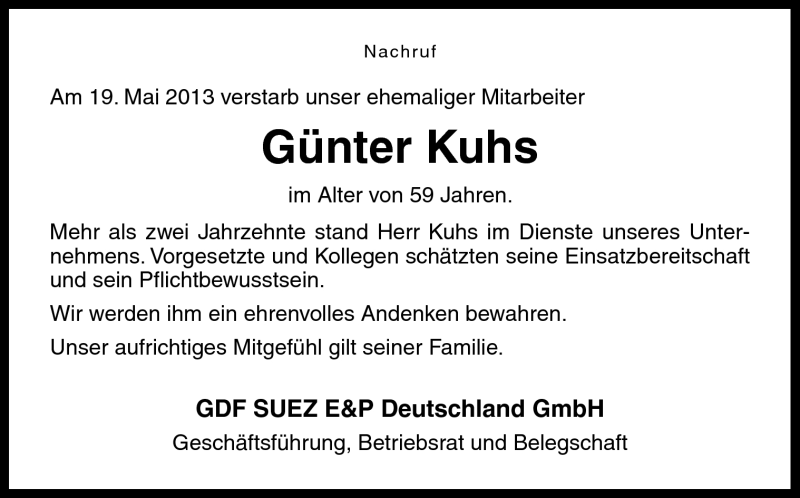  Traueranzeige für Günter Kuhs vom 01.06.2013 aus Neue Osnabrücker Zeitung GmbH & Co. KG