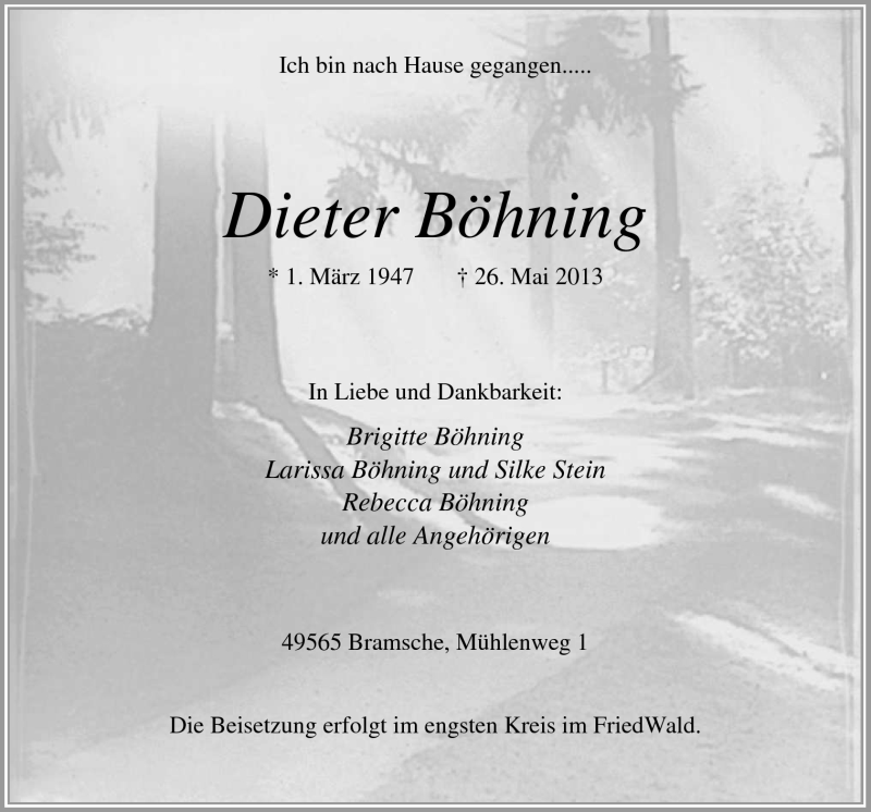  Traueranzeige für Dieter Böhning vom 01.06.2013 aus Neue Osnabrücker Zeitung GmbH & Co. KG