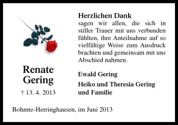 Traueranzeige von Renate Gering von Neue Osnabrücker Zeitung GmbH & Co. KG
