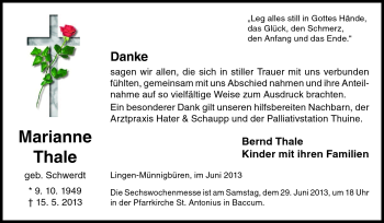 Traueranzeige von Marianne Thale von Neue Osnabrücker Zeitung GmbH & Co. KG