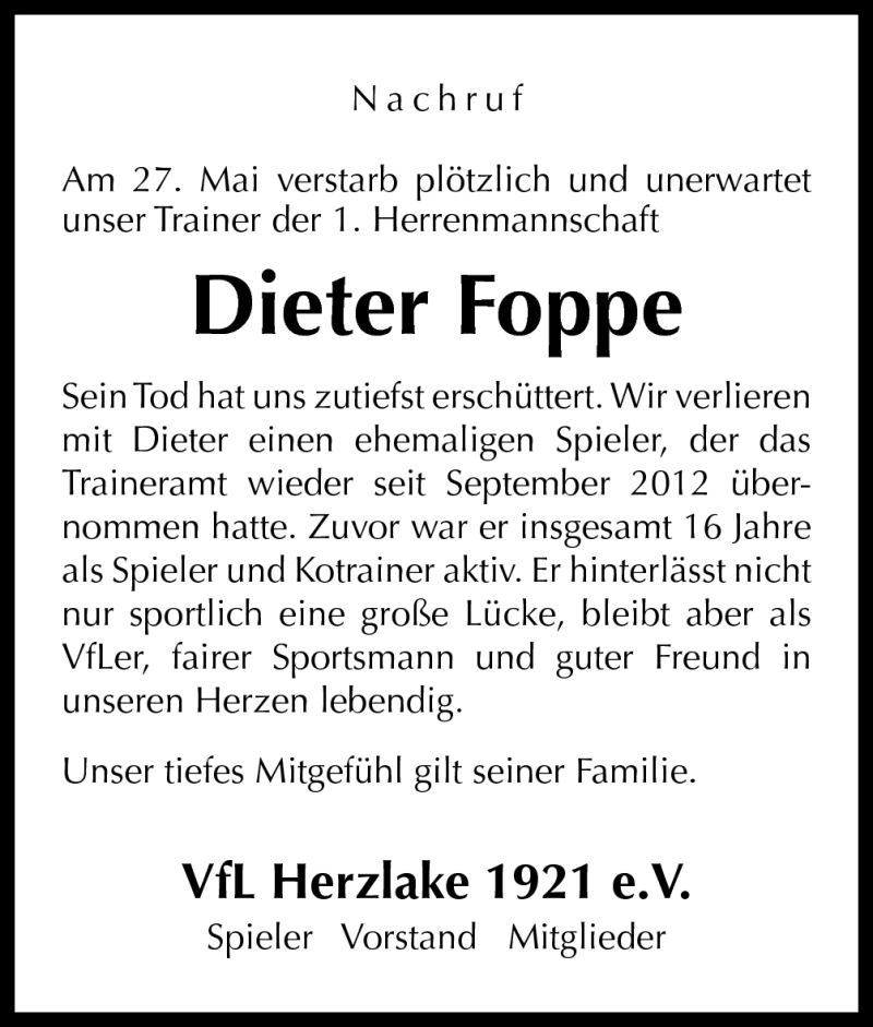  Traueranzeige für Dieter Foppe vom 01.06.2013 aus Neue Osnabrücker Zeitung GmbH & Co. KG