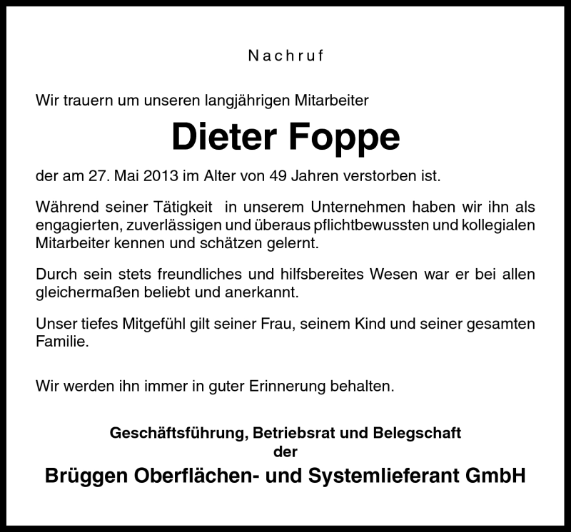  Traueranzeige für Dieter Foppe vom 01.06.2013 aus Neue Osnabrücker Zeitung GmbH & Co. KG