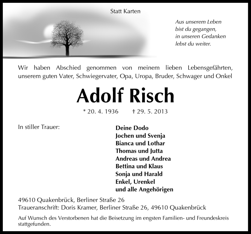  Traueranzeige für Adolf Risch vom 04.06.2013 aus Neue Osnabrücker Zeitung GmbH & Co. KG