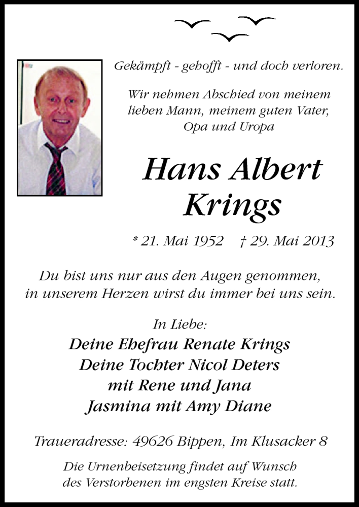  Traueranzeige für Hans Albert Krings vom 01.06.2013 aus Neue Osnabrücker Zeitung GmbH & Co. KG
