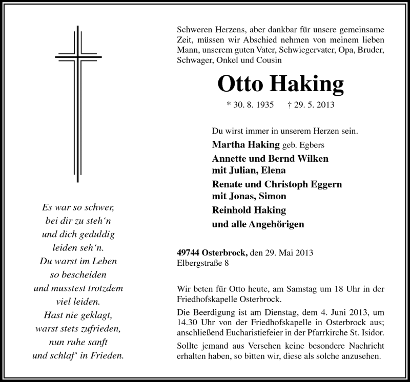  Traueranzeige für Otto Haking vom 01.06.2013 aus Neue Osnabrücker Zeitung GmbH & Co. KG
