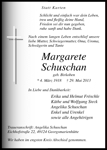 Traueranzeige von Margarete Schuschan von Neue Osnabrücker Zeitung GmbH & Co. KG
