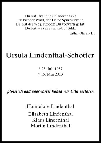 Traueranzeige von Ursula Lindenthal-Schotter von Neue Osnabrücker Zeitung GmbH & Co. KG