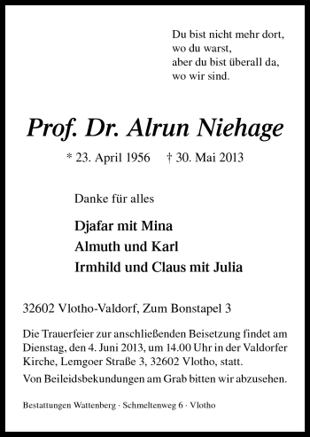 Traueranzeige von Alrun Niehage von Neue Osnabrücker Zeitung GmbH & Co. KG