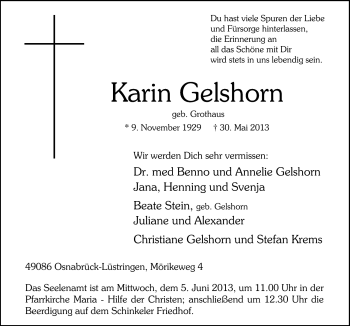 Traueranzeige von Karin Gelshorn von Neue Osnabrücker Zeitung GmbH & Co. KG