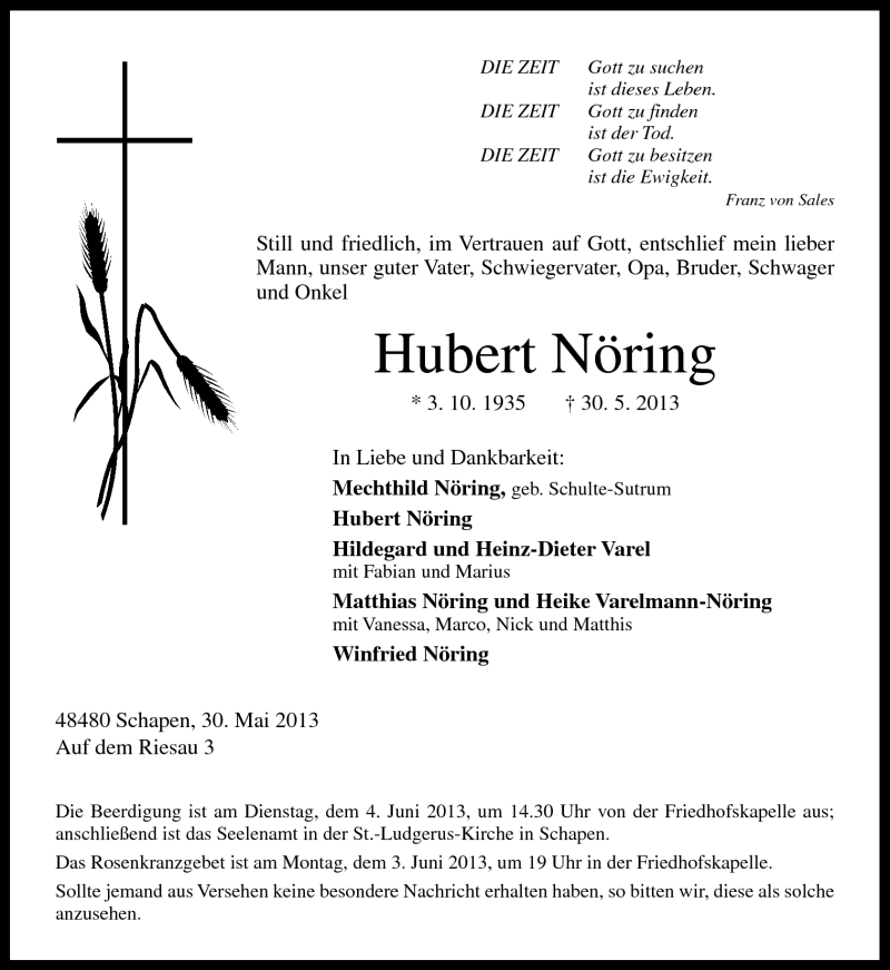  Traueranzeige für Hubert Nöring vom 03.06.2013 aus Neue Osnabrücker Zeitung GmbH & Co. KG