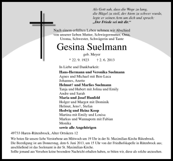 Traueranzeige von Gesina Suelmann von Neue Osnabrücker Zeitung GmbH & Co. KG