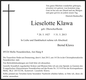 Traueranzeige von Lieselotte Klawa von Neue Osnabrücker Zeitung GmbH & Co. KG