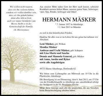 Traueranzeige von Hermann Mäsker von Neue Osnabrücker Zeitung GmbH & Co. KG