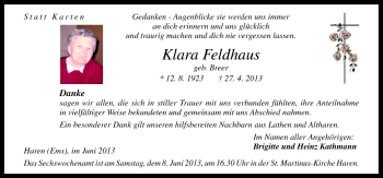 Traueranzeige von Klara Feldhaus von Neue Osnabrücker Zeitung GmbH & Co. KG