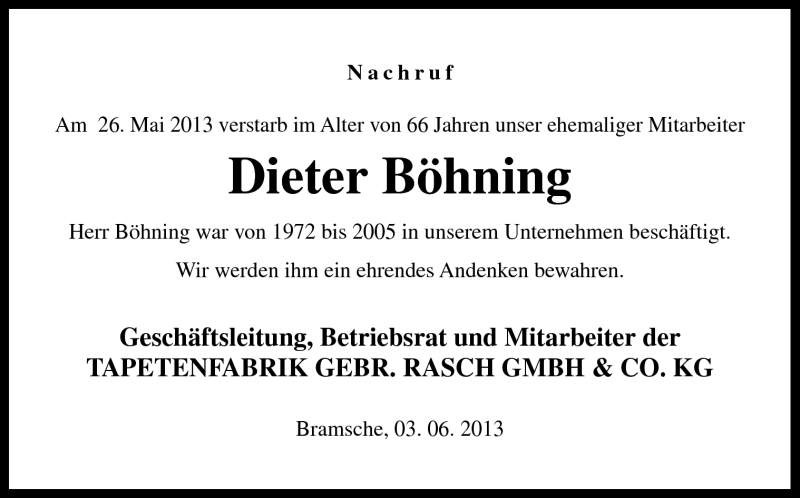  Traueranzeige für Dieter Böhning vom 04.06.2013 aus Neue Osnabrücker Zeitung GmbH & Co. KG