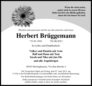 Traueranzeige von Herbert Brüggemann von Neue Osnabrücker Zeitung GmbH & Co. KG