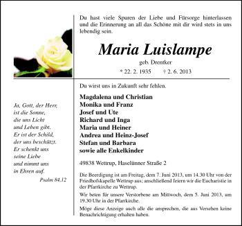 Traueranzeige von Maria Luislampe von Neue Osnabrücker Zeitung GmbH & Co. KG