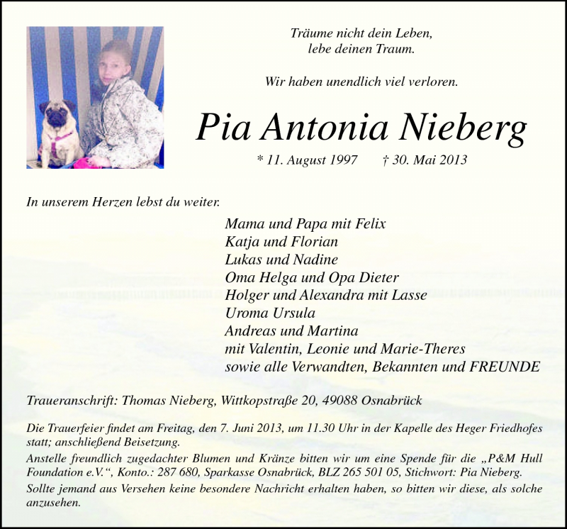  Traueranzeige für Pia Antonia Nieberg vom 05.06.2013 aus Neue Osnabrücker Zeitung GmbH & Co. KG