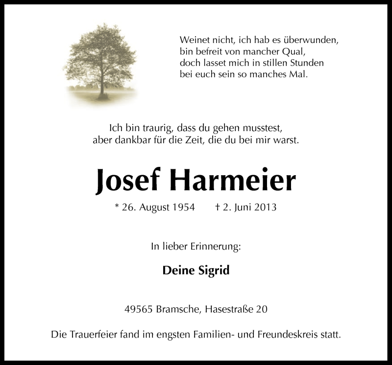  Traueranzeige für Josef Harmeier vom 08.06.2013 aus Neue Osnabrücker Zeitung GmbH & Co. KG