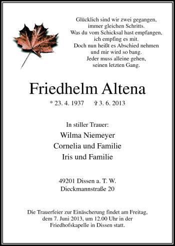 Traueranzeige von Friedhelm Altena von Neue Osnabrücker Zeitung GmbH & Co. KG