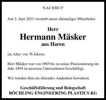 Traueranzeige von Hermann Mäsker von Neue Osnabrücker Zeitung GmbH & Co. KG