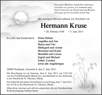 Traueranzeige von Hermann Kruse von Neue Osnabrücker Zeitung GmbH & Co. KG