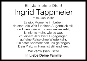 Traueranzeige von Ingrid Tappmeier von Neue Osnabrücker Zeitung GmbH & Co. KG