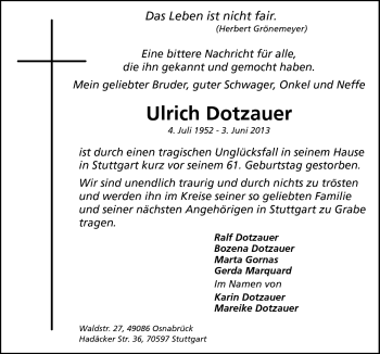 Traueranzeige von Ulrich Dotzauer von Neue Osnabrücker Zeitung GmbH & Co. KG