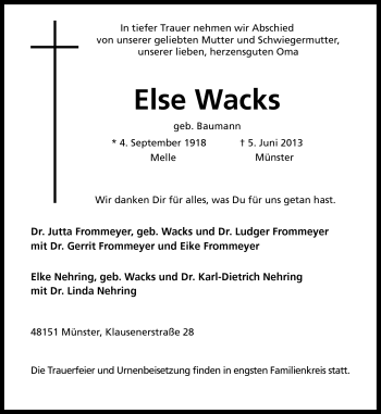 Traueranzeige von Else Wacks von Neue Osnabrücker Zeitung GmbH & Co. KG