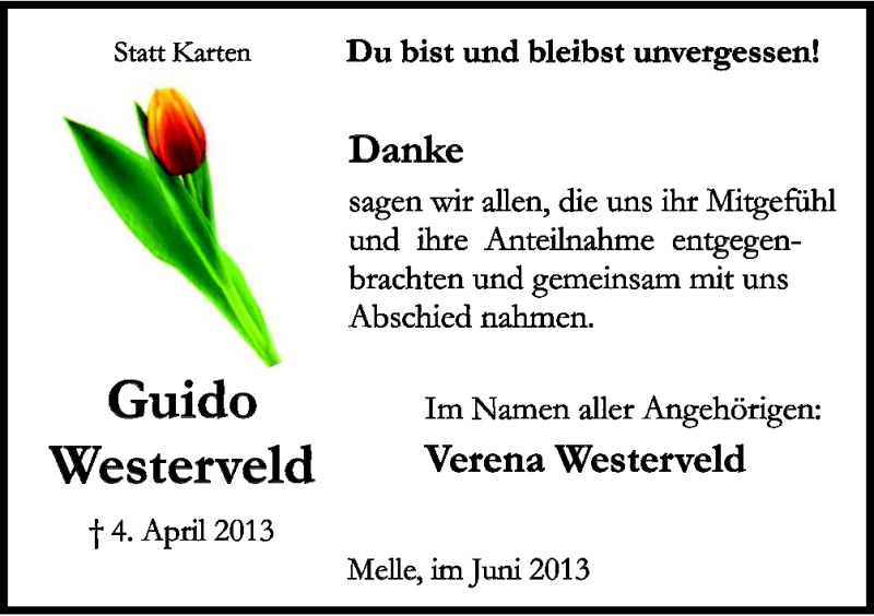  Traueranzeige für Guido Westerveld vom 08.06.2013 aus Neue Osnabrücker Zeitung GmbH & Co. KG