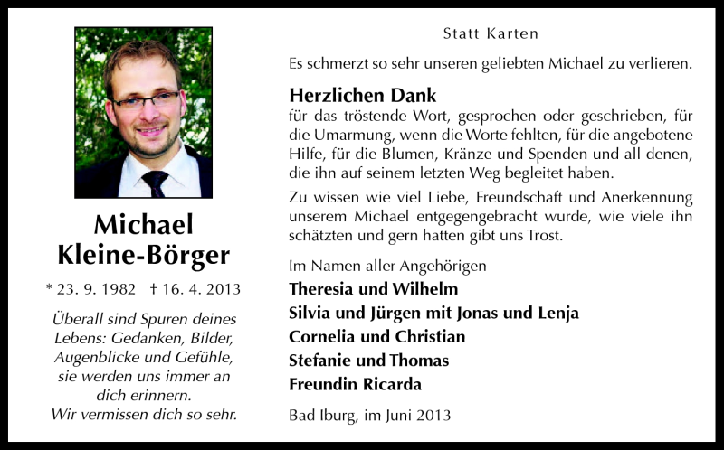  Traueranzeige für Michael Kleine-Börger vom 08.06.2013 aus Neue Osnabrücker Zeitung GmbH & Co. KG