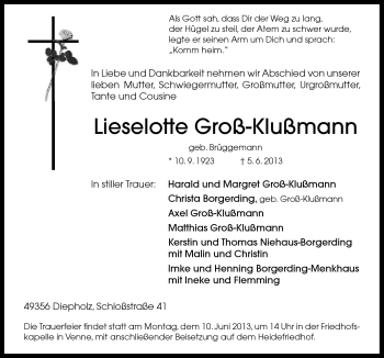 Traueranzeige von Lieselotte Groß-Klußmann von Neue Osnabrücker Zeitung GmbH & Co. KG