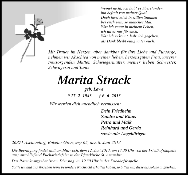  Traueranzeige für Marita Strack vom 08.06.2013 aus Neue Osnabrücker Zeitung GmbH & Co. KG