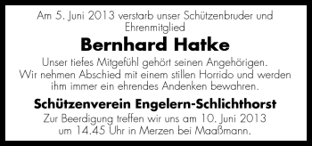 Traueranzeige von Bernhard Hatke von Neue Osnabrücker Zeitung GmbH & Co. KG