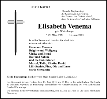 Traueranzeige von Elisabeth Venema von Neue Osnabrücker Zeitung GmbH & Co. KG