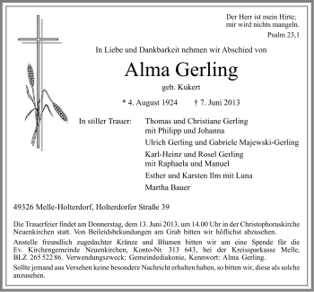 Traueranzeige von Alma Gerling von Neue Osnabrücker Zeitung GmbH & Co. KG