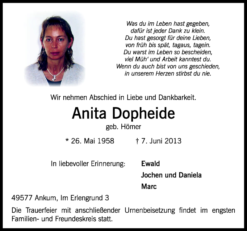  Traueranzeige für Anita Dopheide vom 10.06.2013 aus Neue Osnabrücker Zeitung GmbH & Co. KG