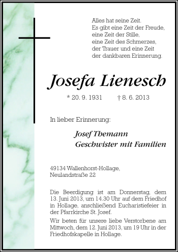 Traueranzeige von Josefa Lienesch von Neue Osnabrücker Zeitung GmbH & Co. KG