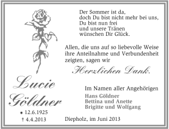 Traueranzeige von Lucie Göldner von Neue Osnabrücker Zeitung GmbH & Co. KG