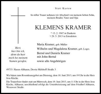 Traueranzeige von Klemens Kramer von Neue Osnabrücker Zeitung GmbH & Co. KG