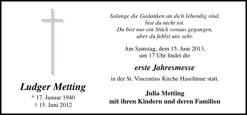  Traueranzeige für Ludger Metting vom 12.06.2013 aus Neue Osnabrücker Zeitung GmbH & Co. KG