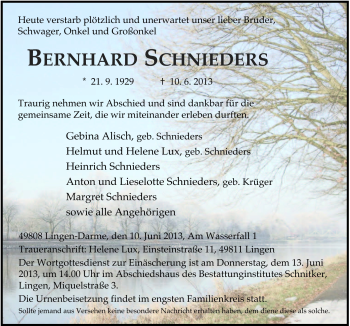 Traueranzeige von Bernhard Schnieders von Neue Osnabrücker Zeitung GmbH & Co. KG