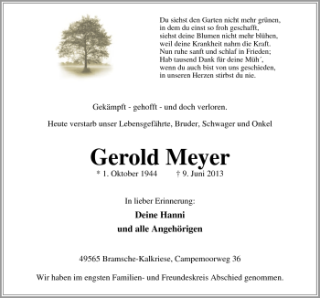 Traueranzeige von Gerold Meyer von Neue Osnabrücker Zeitung GmbH & Co. KG