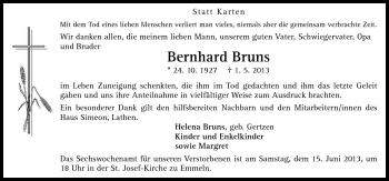Traueranzeige von Bernhard Bruns von Neue Osnabrücker Zeitung GmbH & Co. KG