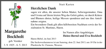 Traueranzeige von Margarethe Bockholt von Neue Osnabrücker Zeitung GmbH & Co. KG