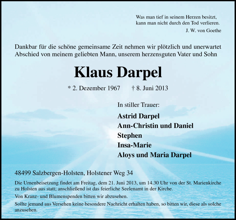 Traueranzeige für Klaus Darpel vom 15.06.2013 aus Neue Osnabrücker Zeitung GmbH & Co. KG