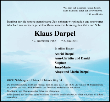 Traueranzeige von Klaus Darpel von Neue Osnabrücker Zeitung GmbH & Co. KG