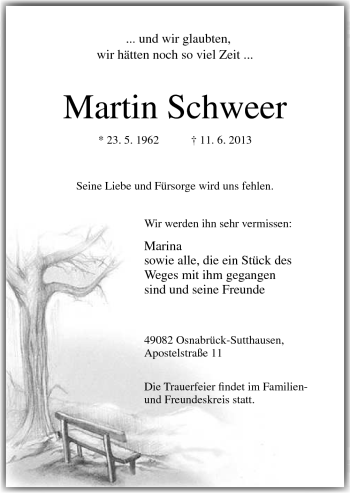 Traueranzeige von Martin Schweer von Neue Osnabrücker Zeitung GmbH & Co. KG