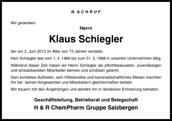 Traueranzeige von Klaus Schiegler von Neue Osnabrücker Zeitung GmbH & Co. KG