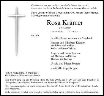 Traueranzeige von Rosa Krämer von Neue Osnabrücker Zeitung GmbH & Co. KG
